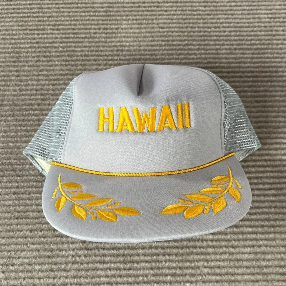 Vintage Hawaii Trucker Hat Gray Gold Embroidered Laurel Snapback Mesh Cap NWOT‎